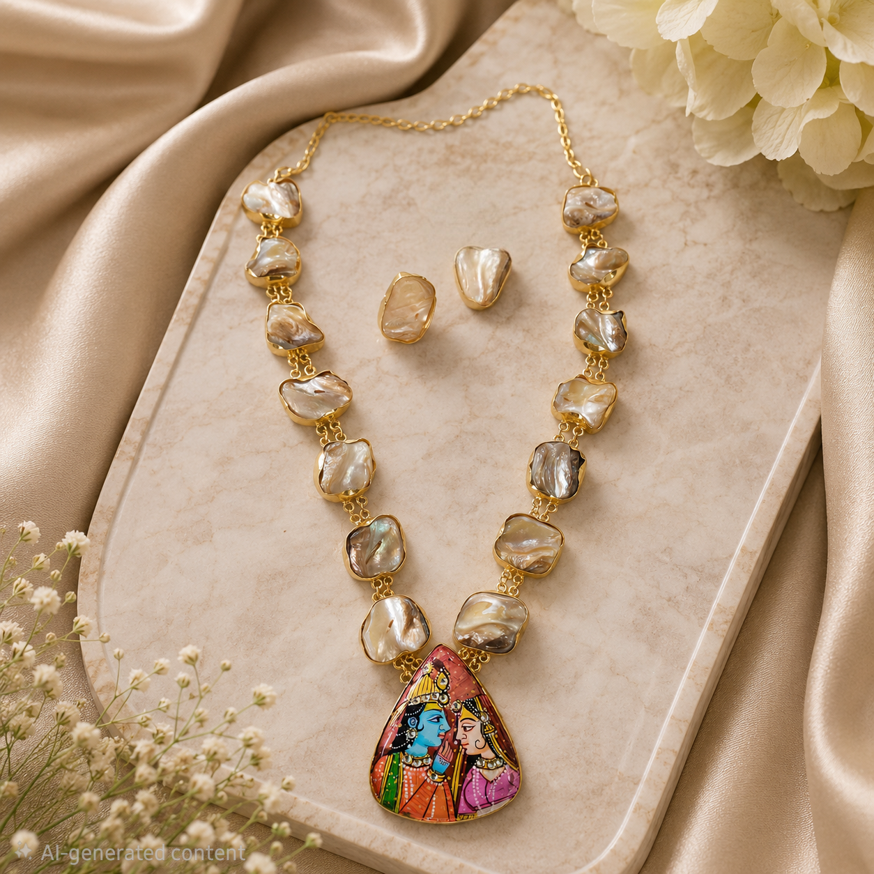 Hand painted Radha krishna miniature art neckpiece with MOP